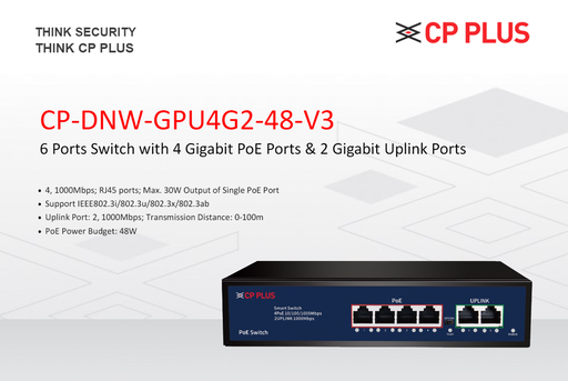 CPPLUS CP-DNW-GPU4H2-48-V2 MEGABIT 4 PORT POE SWITCH